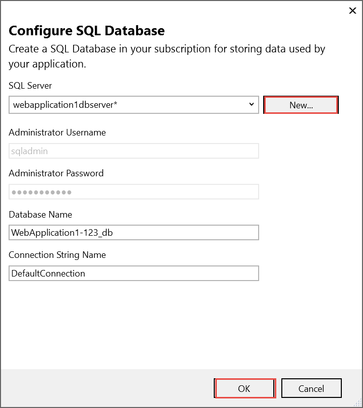 Cuadro de dialogo configurar base de datos SQL